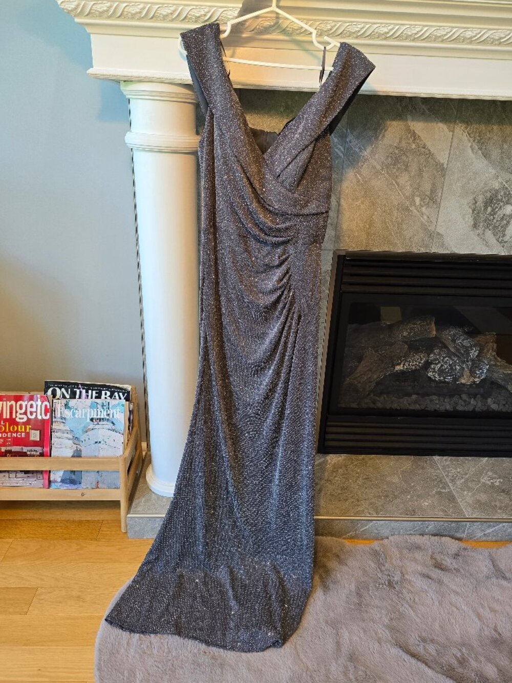 NWT Alex Evening Metallic Glitter Mesh side Ruched formal gown Smoke grey in 16